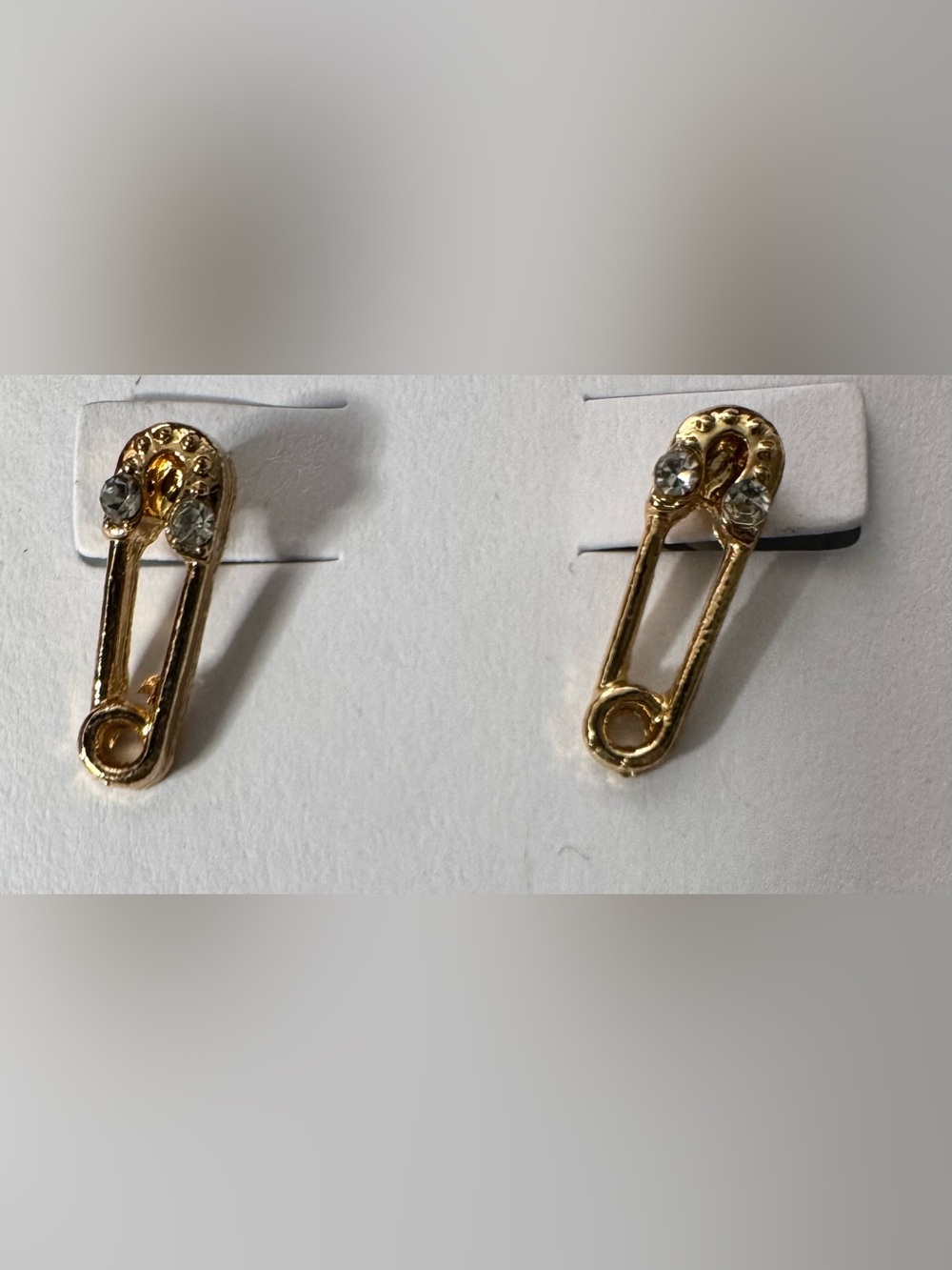 Gold Safety Pin Stud Earrings with Clear Crystals - Women Jewelry dainty novelty
